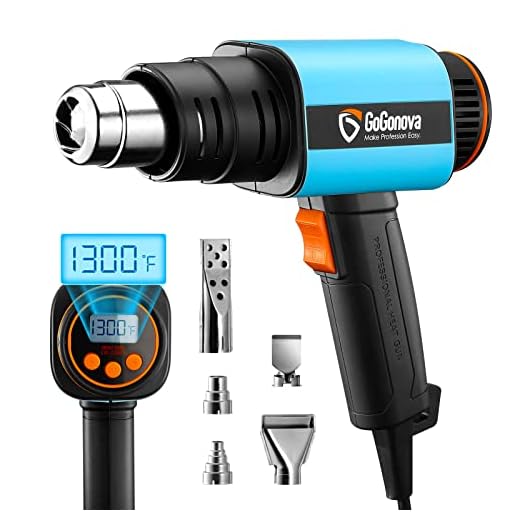 GoGonova 1800W Heat Gun with Variable Temperature Mode, Heavy Duty Adjustable Hot Air Gun 120℉-1300℉ with LCD Digital Display, Compact Design with 5 Nozzles for Shrink Tubing, Wrap, Crafts, Resin