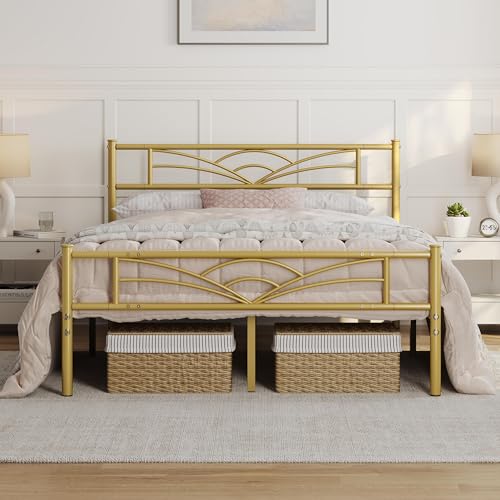 Yaheetech 5ft King Bed Solid Bed Frame with Cloud-inspired Design Headboard and Metal Bed Slats, Ample Under-bed Storage Antique Gold