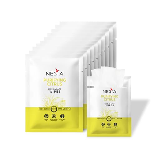 Image of Nesta Pocket Size Facial Wet Wipes, Individually Wrapped (10x5 Packs) 50 Wipes | Citrus & Aloe Vera | Instant Freshness, Deep Cleansing & Hydration | Alcohol-Free | Travel Essentials for Men & Women