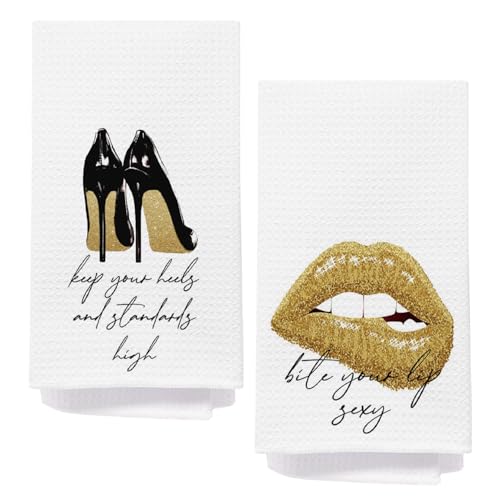AQYIP Black and Gold Hand Towels for Bathroom, Preppy Girly Bathroom Decor, Girly Glitter Lips High Heel Shoes Decorative Hand Towels for Vanity Power Room Washroom Restroom, 16x24 Inch Set of 2
