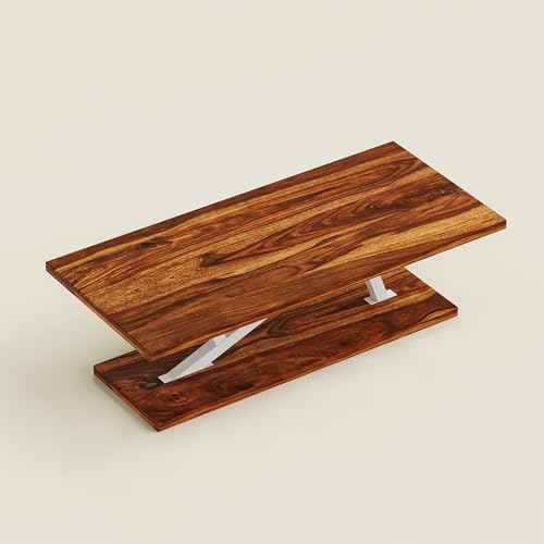 Image of Coffee Table /Center Table /tea table with Open Storage Shelf - Minimalist Sesham Wood Rectangular Center Table with white Z Shape metal fram for Living Room, Office, and Lounge Easy Assembly