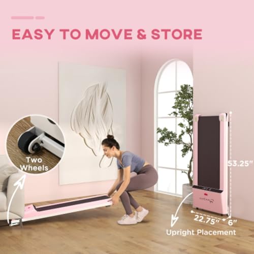 Image of Portable Walking Mat Treadmill, Under Desk Treadmill with Foldable Wheels, Remote Control, LED Display, 264 Lbs Capacity, Pink