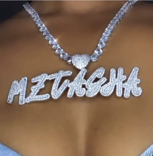 Hip Hop Custom Heart Bail Cursive Name Necklace with Cuban Or Tennis Chain Iced Out Bubble Letter Pendant Simulated Diamond Initials Chain Gifts for Her3