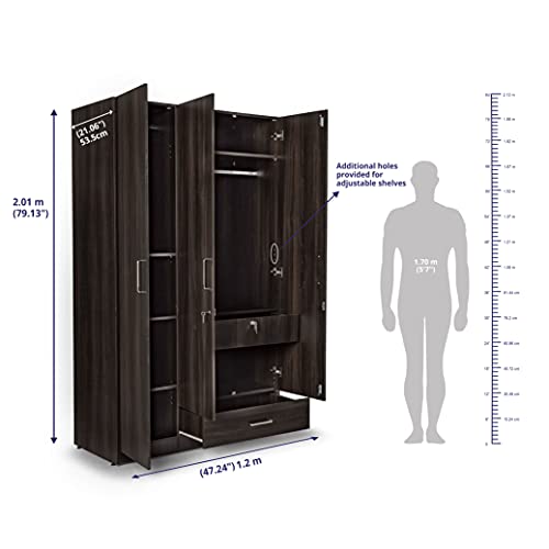 Image of Wakefit Wardrobe | 1 Year Warranty | Engineered Wood Almirah, Cupboard for Clothes Storage | 3 Door, 1 Drawer, 2 Hanging Space | Cashmere - Dark Brown
