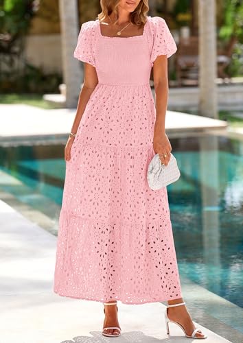 Image of PRETTYGARDEN Summer Dresses for Women 2026 Eyelet Square Neck Puff Sleeve Smocked Wedding Guest Maxi Dress with Pockets