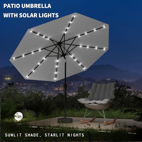 Image of 9FT Patio Umbrella with Solar Lights,Outdoor Market Umbrella with Tilt and Crank, LED Lighted Table Umbrella for Garden,Deck,Backyard,Pool,Beach (Light Gray)