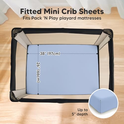 Image of 2 Pack and Play Sheets, Waterproof Mini Crib Sheets Fitted - 38x26 Organic Cotton Pack N Play Sheets for Graco Pack and Play Mattress, Playard Baby Crib Sheets,Neutral for Boy,Girl,Toddler(Blue Flax)