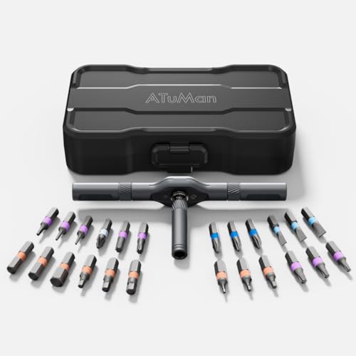 ATuMan 24 in 1 Ratchet Screwdriver Set with Detachable Handle, S2 Alloy Steel Precision Bits, Magnetic Ratcheting Screwdriver with Case for Bicycle, Computer, Electronics Repair, Ideal for Home, DIY