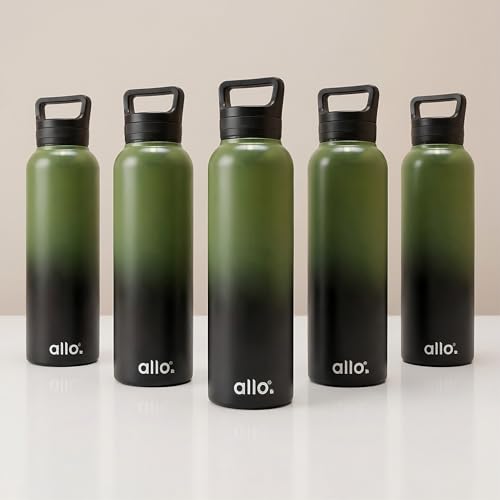 Image of Allo Stainless Steel Water Bottle For Adults, Kids 950ml Water Bottles For School, Office, Sports, Gym 950ml Water Bottle For Men And Women, Pack Of 5| Leak Proof, Bpa Free, Black & Green Olive