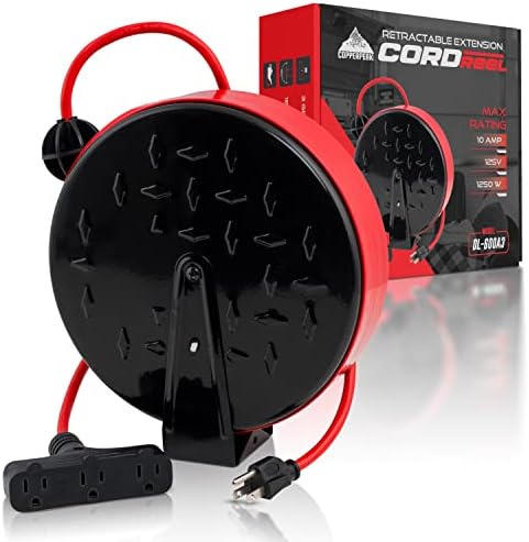 CopperPeak Tools Retractable Extension Cord Reel - 30 ft 16AWG- 3 Electric Power Outlets - Ceiling or Wall Mount - Red and Black