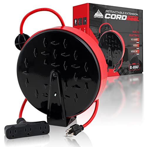 Copperpeak Tools Retractable Extension Cord Reel - 30 Ft 16Awg- 3 Electric Power Outlets - Ceiling Or Wall Mount - Red And Black #TOP1