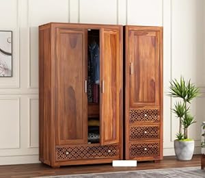 KARINA FURNITURE Wooden Wardrobe for Clothes | Sheesham Wood 3-Door Wardrobe with 8 Shelves Storage | Solid Wood Large Cupboard Almirah: Storage Cabinet for Your Living Room/Bedroom (Design 56)