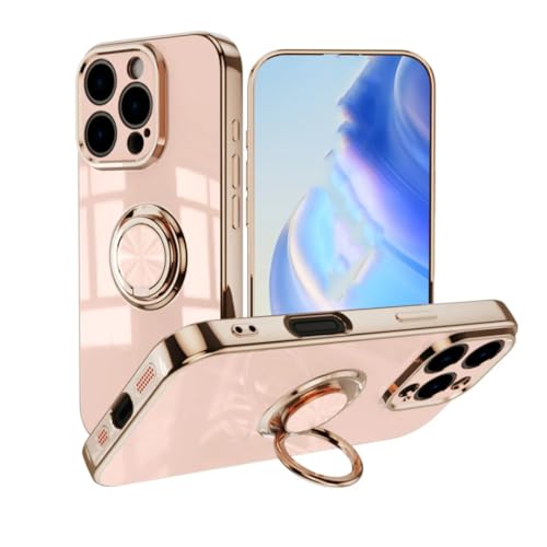 Coque iPhone 14 ProMax Rose avec anneau magnétique et support métal antichoc intégrés