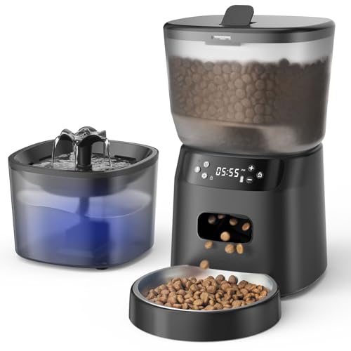 Automatic Cat Feeder and Water Fountain, 4L/16Cups Pet Dry Food Dispenser 2L Water Dispenser, Locking Lid, Programmable Timer 6 Daily Meals, 10s Voice Recorder, Cat Accessories for Puppy Kitten