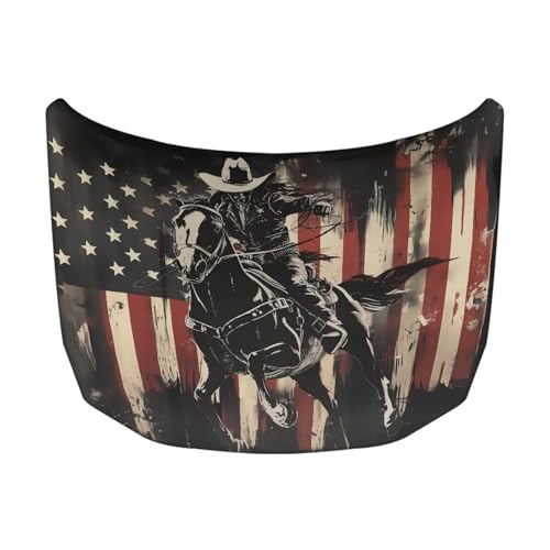 Image of American Flag Cowboy Design Car Hood Cover Protector Stretchable Car Hood Wraps Auto Banner Auto Decorative Accessories for Compact Sedans SUV Trucks (59x39 Inch)