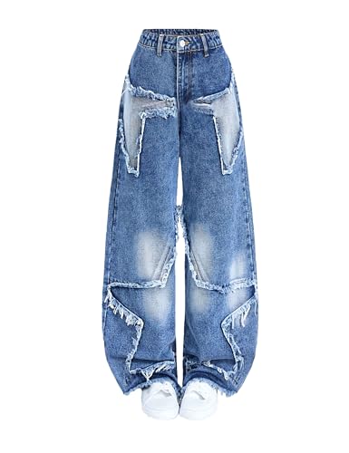 Teen Girls Y2K Denim Pants Baggy Wide Leg Ankle Casual Star Patchwork Hip Hop Streetwear Jeans Pants