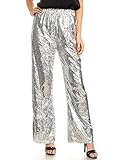 Anna-Kaci Women's Stretch Waist Sparkly Sequin 70's Disco Flare Wide Leg Pants, Silver, Small