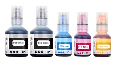 BTD100 High Yield 5PK BK2CMY (BTD100) compatible Ink bottle replacement for Brother DCP-T230 DCP-T236 DCP-T238 DCP-T430W DCP-T435W DCP-T436W DCP-T439W/T530DW printers refill ink bottle BTD100BKCMY