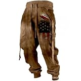 CZVEVOY Herren Jogginghose Jogginghose mit Stern und gestreiftem Print Amerikanische Flagge USA Baggy Workout Trainingshose mit Taschen,Braun,3XL