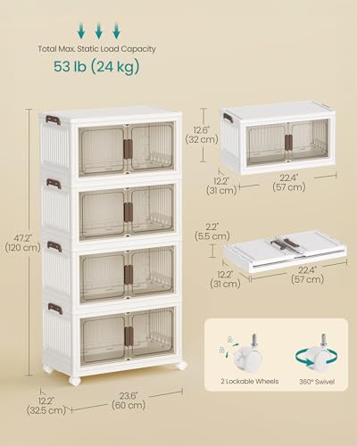 Image of SONGMICS 58QT Plastic Storage Bins with 1 Lid, 4-Tier Stackable Bins with Doors and Wheels, Foldable Storage Boxes, for Closets, Bedroom, Living Room, Office, White URLB460WZ01