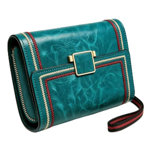 Image of PALAY Women's Bi-fold Leather Wallet - Turquoise Vintage Card Bag with Large Capacity and RFID Blocking