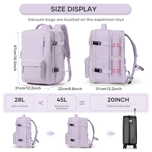 Vacuum Backpack Travel with Pump, 45L Expandable Travel Backpack for Women, Large Storage Vacuum Compression Bags with Shoe Compartment/17inch Laptop Compartment/USB Port, Pink-Purple4