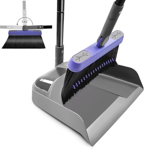 Image of Broom and Dustpan Set for Home, Long Adjustable Handle Broom with Stand Up Dustpan, 180 Degree Rotating Broom Head & Comb Teeth - Indoor Sweeping Combo for Kitchen Lobby Floor Office