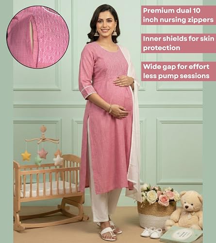 Image of DUMMY SHAPE Feeding Kurta Set for Women Cotton Blend | Floral Embroidered Pregnancy Kurta Pant Dupatta with Nursing Zippers | Pre & Post Partum | Maternity Dresses | Mom to Be Gifts