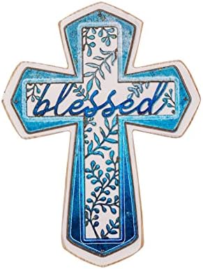 11" Wall Cross Handmade Cross White Wood & Blue Iron Christians Cross Spiritual Religious Cross with Hook Christmas Wall Hanging Cross with Blessed Design Crucifix Gift for Church Home Room Decor…
