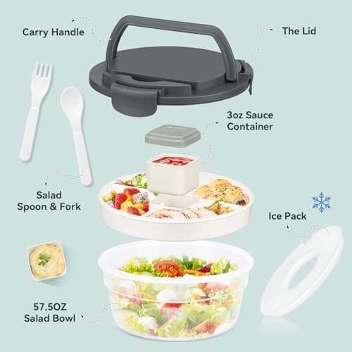 Image of Salad Container for Lunch, Bento Lunch Box 58-oz with 4 Compartments Tray and Ice Pack, Leak-Proof Salad Bowl with Lid for Adults, BPA-Free Lunch Box for Meal Prep & Food Storage(Grey)