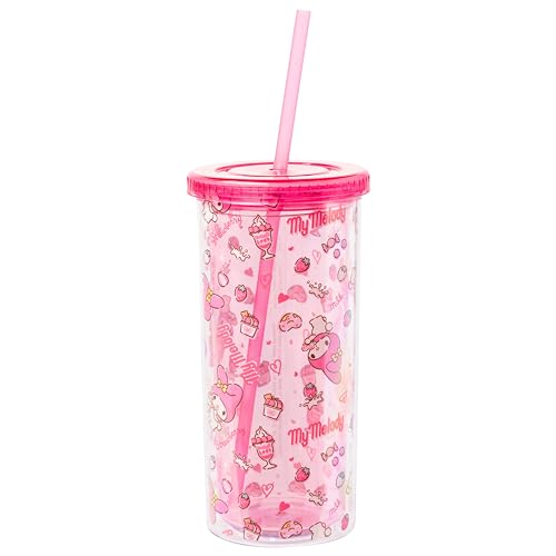 Image of Silver Buffalo Sanrio Hello Kitty and My Melody, Plastic Cold Cup, 20oz | Hello Kitty and Friends, Strawberry, Donut and Milkshake Pattern, Includes Lid and Straw, 0.59 Liters