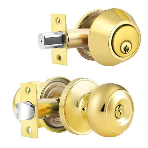 Probrico 1 Pack Polished Brass Door Knob and Single Cylinder Deadbolt Lock Set, Exterior Keyed Alike Front Entry Door Handleset, Deadbolt and Door Knob Lock