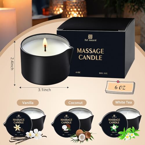 3 Pack Massage Oil Candles 6 OZ Low Temp Soy Candles 3 Scent Vanilla, White Tea, Coconut Body Oil Relaxing for Massage Therapy Spa Home Gift