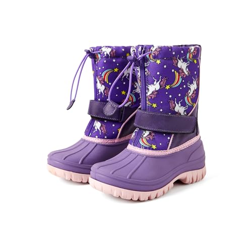 PATPAT Girls and Boys Winter Snow Boots Adjustable Bungee Lace and Hook & Loop Straps Front Zipper Waterproof Outdoor Boot