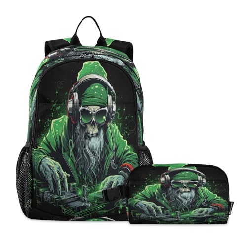 LINNIKEEEE Fantastico Dj Verde Natalizio Set Zaino per Studenti Borsa per Il Pranzo,Borsa Scuola Leggera Resistente per Ragazzi Ragazze