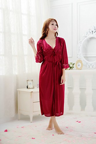 Bininbox Women's Sexy Robe Night Gown Two-Piece Suit Lace Sleepwear (Free Size, Wine) #TOP1
