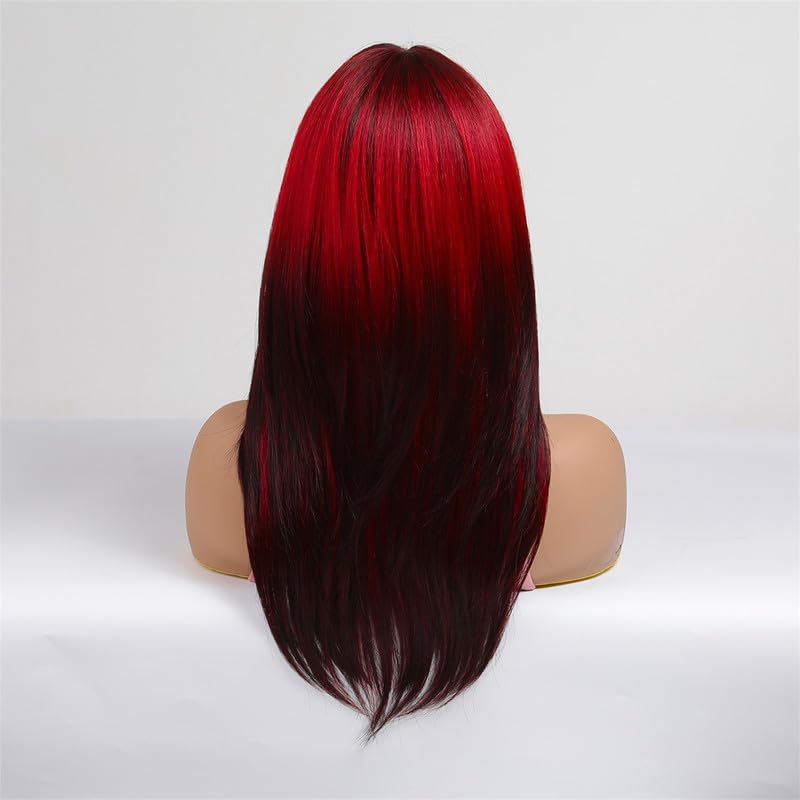 Miniatura 5 de vedar Peluca roja y negra con raíces oscuras con flequillo, longitud al hombro, pelucas sintéticas rectas naturales de color rojo degradado para