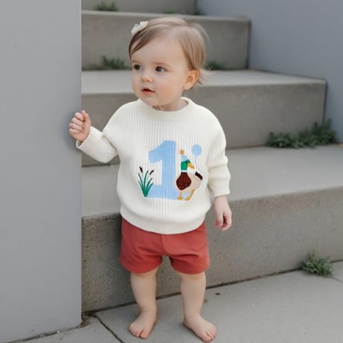 L&ieserram Baby Jungen Mädchen 1. Geburtstag Outfit Gestrickt Pullover Jumper Langarm Strickpullover Pulli Erster Geburtstag Kleidung Knitted Sweater 1 Jahr Deko (Weiß, 12-18 Monate)