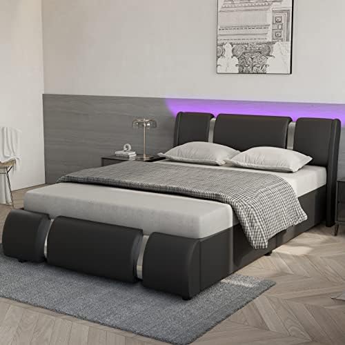 Full Bed Frame with Led Lights - Modern Platform Bed No Box Spring, Beds Frame Full Size with Adjustable Headboard, Faux Leather and Wood Slats Made, Black