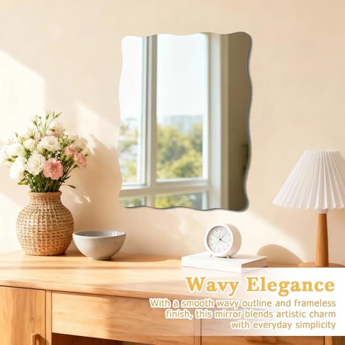 TSKDKIT Wall Mirror 40 x 30 cm Stick On Mirror for Walls, Self Adhesive Frameless HD Glass Wavy Mirrors for Bathroom, Hallway, Bedroom