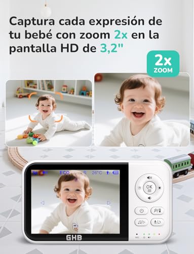 Miniatura 2 de Ghb Camara Vigilancia Bebe Vigilabebes Con Camara Con Pantalla 3.2 Hd De 2100mah Recargable Vox, Visión Nocturna, Despertador, Conversación Bidireccional Escucha Bebes
