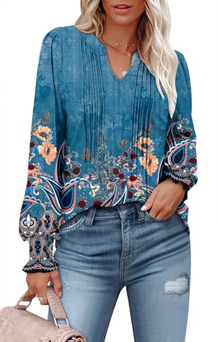 BETTE BOUTIK Long Sleeve Shirts for Women Fall Tops Dressy Blouses Pleated V Neck Tunic Tops for Leggings S-3XL