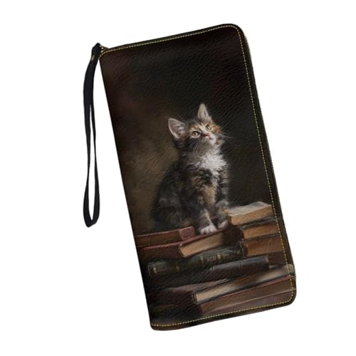 Cat Book Brown Print Wristlet Long Wallet for Women Large Capacity PU Leather Zip Around Clutch Long Purse Large Capacity Credit Card Holder Ladies Travel Coin Pocket Phone Holder