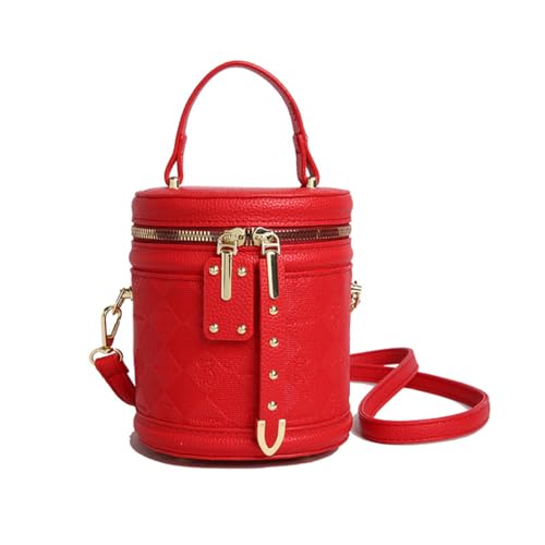 Crossbody Bucket Bags for Women Small Quilted Cylinder Round Purses Shoulder Mini Leather Barrel Top Handle Handbags (Red)