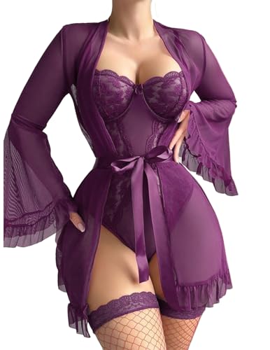 Avidlove Sexy Lingerie for Women Sheer Kimono Robe Sexy Teddy Lingerie Lace Bodysuits Purple XXL