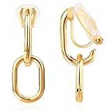 FAN&LOUIS 24K Gold Plated Clip On Earrings for Women, Gold Chain Link Drop Dangle Double Hoops Hypoallergenic Trendy Lightweight Clip-On Earrings for Non-Pierced Ears