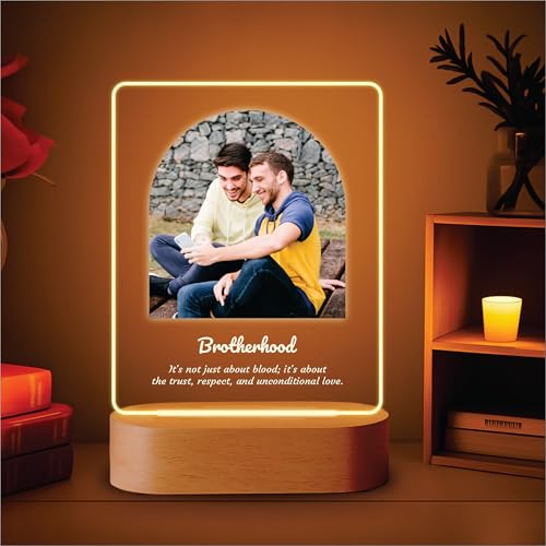 Image of Giftplease Personalized LED Photo Lamp for Brother, Custom Arch Acrylic Night Light with Wooden Base, The Brother Code Engraved Table Lamp, Unique Birthday, Rakhi, and Graduation Gift for Brother