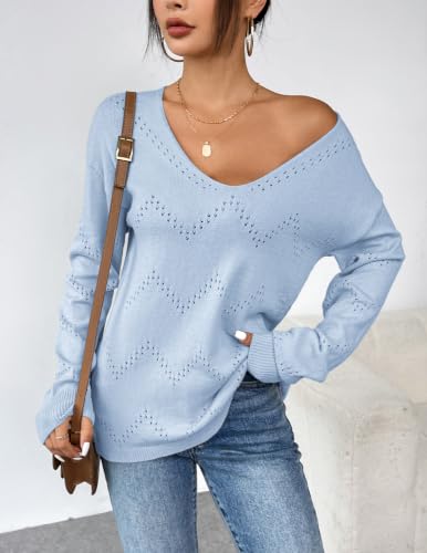 Image of Zeagoo Womens Sweaters Fall Trendy Casual Long Sleeve Shirt Lightweight V Neck Off Shoulder Crochet Pullover Top Outfit