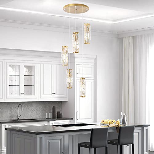 Image of LMQNINE Pendant Light, Gold Modern Pendant Light Fixtures, Mini Crystal Chandeliers, Adjustable 5-Light Pendant Lighting for Kitchen Island Dinning Room Bedroom (Gold 5-Light)