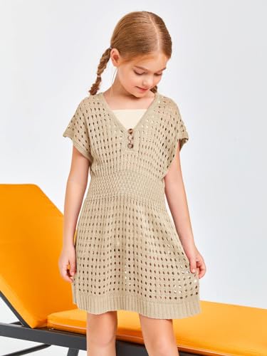 Image of Haloumoning Girls Crochet Swim Beach Cover Up Kids Fashion Button Short Sleeve Swimsuits Cover Ups 5-14 Years
